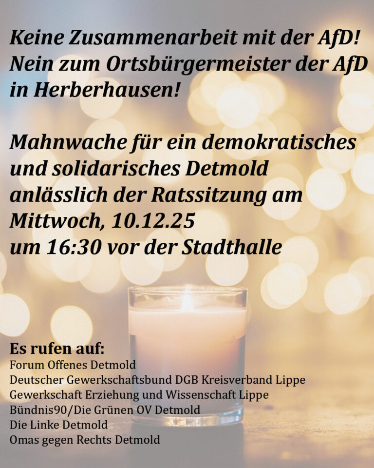 Aufruf zur Mahnwache am Mittwoch, 10. 12., 16.30 Uhr vor der Stadthalle